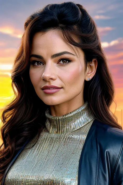 beautiful woman (Fr4nDr35ch3r02-460:0.99), realistic, (detailed:1.15),(film grain, skin details, 4k:1), smile, Dappled Light, analog style (look at the viewer), (skin texture), (film grain), (hyper-realistic texture skin:1.3), cinematic light, sidelighting, ultra high res, best shadow, RAW, beautiful hair, designer jacket, fashionable skirt, turtleneck shirt, winter city park, professional model photoshoot, hdr, sunset,