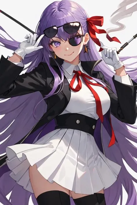 best quality, masterpiece, highres, solo, {black business suit:1.40}, {tie:1.20}, {sunglasses:1.25}, {white gloves:1.15}, {white shirt:1.10}, {black skirt:1.15}, {smoking:1.20}, handsome, {bb_fgo:1.15}, long_hair, purple_hair, purple_eyes, bangs, ribbon, breasts, hair_ribbon, smile, large_breasts, very_long_hair, red_ribbon, blush, neck_ribbon