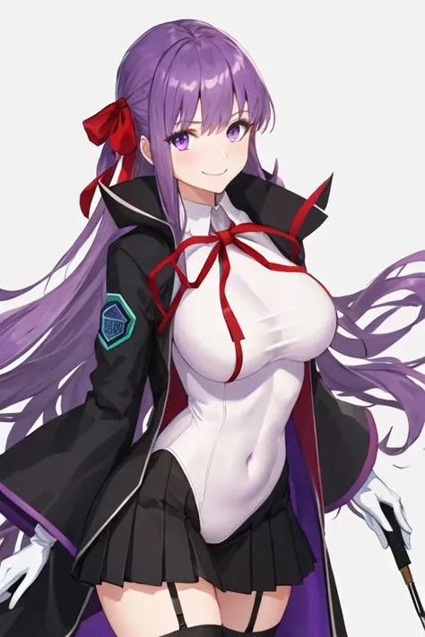 best quality, masterpiece, highres, solo, {bb_fgo:1.15}, long_hair, purple_hair, purple_eyes, bangs, ribbon, breasts, hair_ribbon, smile, large_breasts, very_long_hair, red_ribbon, blush, neck_ribbon, 1girl, black_coat, black_skirt, coat, gloves, high-waist_skirt, holding_wand, long_sleeves, looking_at_viewer, open_clothes, popped_collar, skirt, wand, white_gloves, wide_sleeves, holding, open_coat, leotard, white_leotard, closed_mouth, shirt, white_shirt