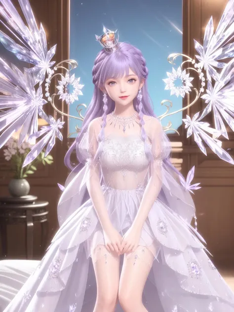 SYNNHQZL, 1girl, solo, dress, long hair, jewelry, crown, necklace, crystal, purple hair, see-through, looking at viewer, earrings, smile, hair ornament, purple eyes, braid,wings, <lora:SYNNHQZL:0.75>,cityscape, night, mature female,sitting, bed,