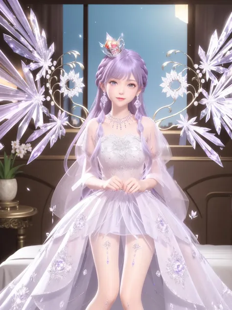 SYNNHQZL, 1girl, solo, dress, long hair, jewelry, crown, necklace, crystal, purple hair, see-through, looking at viewer, earrings, smile, hair ornament, purple eyes, braid,wings, <lora:SYNNHQZL:0.75>,cityscape, night, mature female,sitting, bed,