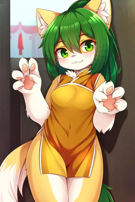 masterpiece, best quality, sundyz, hd, high detail, green eyes, green hair, orange fur, white fur, [[anthro]], ((kemono)), [[furry]], chinese dress, sexy pose, <lora:sundyz-v1:0.8>