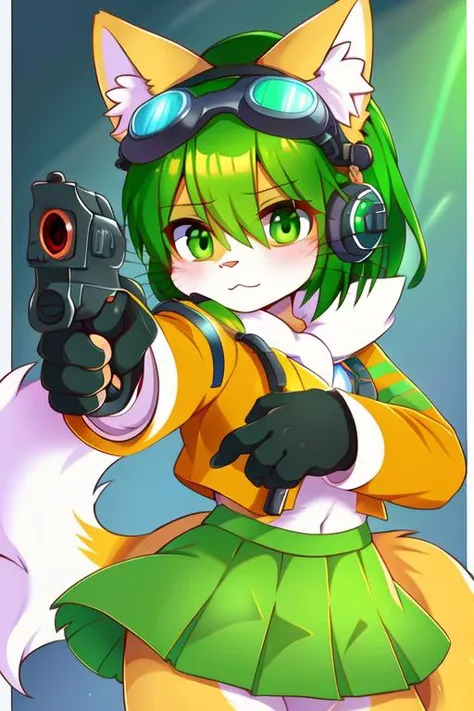 masterpiece, best quality, sundyz, hd, high detail, green eyes, green hair, green skirt, orange jacket, orange fur, white fur, [[anthro]], ((kemono)), [[furry]], holding a rifle, dynamic pose, headphones, goggles, trending on artstation, trending on cgsociety, epic colors <lora:sundyz-v1:0.8>