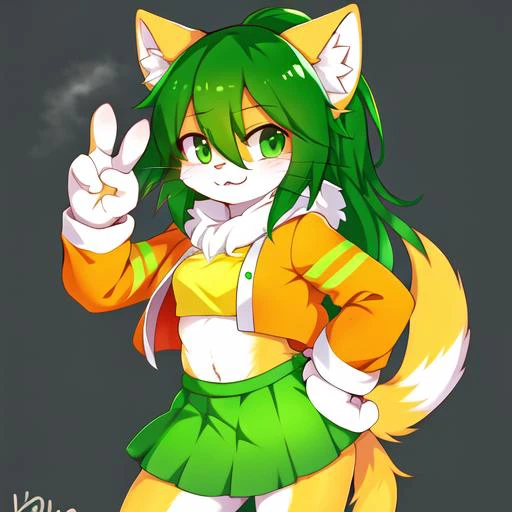 masterpiece, best quality, sundyz, hd, high detail, green eyes, green hair, green skirt, orange jacket, orange fur, white fur, [[anthro]], ((kemono)), [[furry]], standing, v, peace sign <lora:sundyz-v1:0.8>