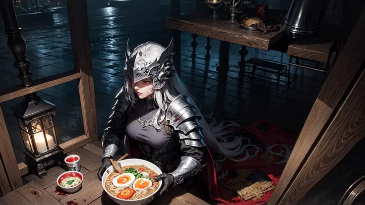 masterpiece,best quality,official art,extreme detailed,colorful,highest detailed, lady,(intricate detaild silver knights armer),(fullface helm),castle,from top,angly,dynamic pose,(blood:1.2),sparks,from above,dark theme,(((ramen))), <lora:LowRa:0.4>