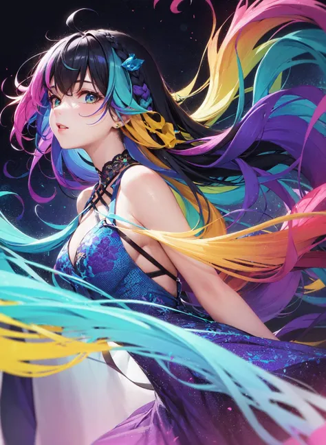 masterpiece, best quality,1 lady,messy hair,(((colorful hair:1.5))),(((abstruct))),(((low-angle shot))),(((colorful dress)))