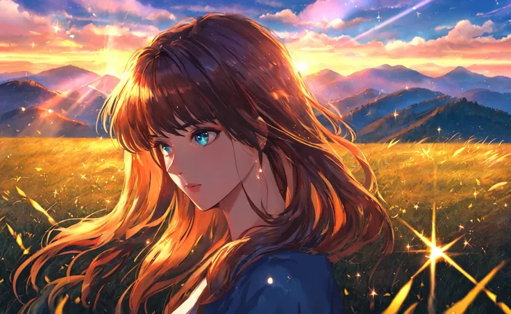 masterpiece, best quality, sakimori, <lora:sakimori:0.8>, outdoors, sparkle background, sparkle, 1990s \(style\), close-up, floating hair, sunset, grass, mountain, mountainous horizon, sunlight, light rays, 8k