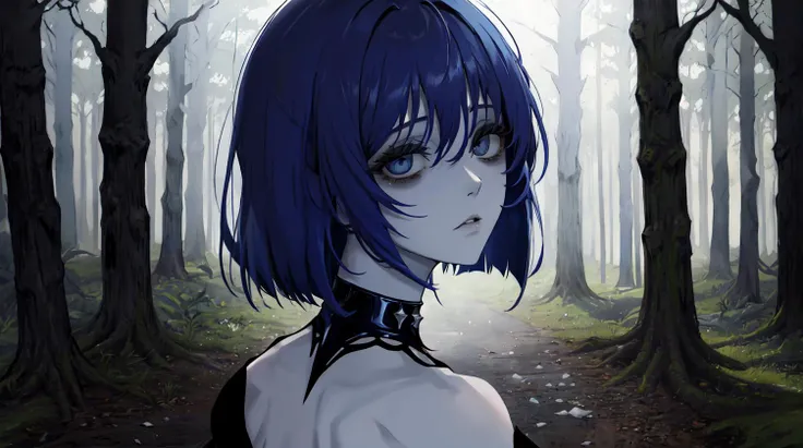 masterpiece, (absurdres:1.1), best quality, extremely delicate, (beautiful face:1.1), elegant, (great composition), <lora:conceptBagsUnderEyes_v10:1>, bags under eyes, (forest:1.2),  <lora:epiNoiseoffset_v2:1.2>, (dark:1.2), depressed, expressionless, white skin, blue hair, (empty eyes:1.2), bob cut, short hair, looking down, gradient hair, [,:, pink hair:0.3], pale skin, black dress, (from behind:1.25), (portrait:1.1), looking at viewer, looking back, head tilt, (realistic:0.8), small breasts, close-up, turtleneck dress, black choker, see-through sleeves, shoulder, long eyelashes, thick eyelashes, glossy skin, upper body,