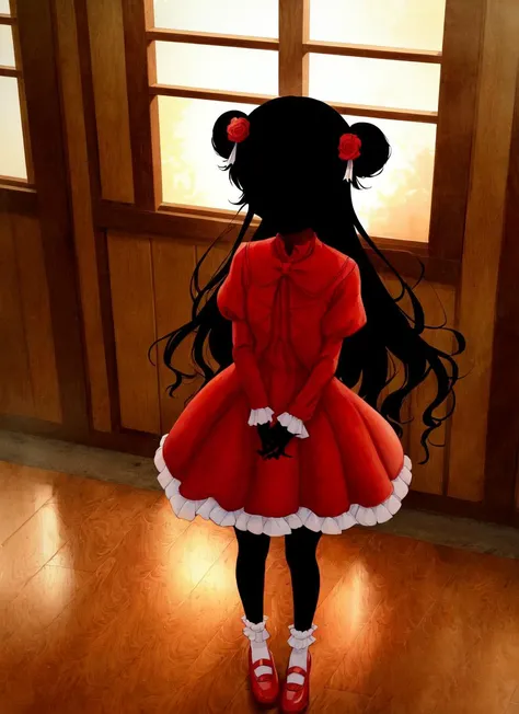 masterpiece, best quality, (black hair, absurdly long hair:1.2), red dress, no eyes, (watercolor \(medium\), oil painting \(medium\):1.1), red footwear, white legwear, solo, backlighting, indoors, light rays, medieval, (brown background:0.5), frilled dress, 1990s \(style\), (black skin:1.6), <lora:kateshadow:0.8>, facing viewer, (kate \(shadows house\):1.1), shadows house, (dark skin, very dark skin:1.2), hair flower, (faceless, no eyes:1.1), double bun, own hands together, v arms, wooden floor, wooden wall,