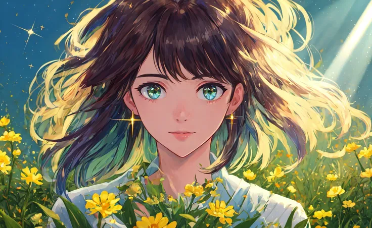 masterpiece, best quality, sakimori, <lora:sakimori:0.75>, outdoors, sparkle background, sparkle, 1990s \(style\), (close-up:1.1), floating hair, sunlight, light rays, 8k, (portrait:1.2), (grass:1.000), (no humans:0.973), (flower:0.965), (outdoors:0.932), (day:0.796), (on grass:0.791), (rock:0.677), (field:0.667), (tree stump:0.648), (dandelion:0.638), (artist name:0.551), (yellow flower:0.547), (daisy:0.492), (tree:0.424), (bush:0.352)