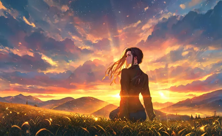 masterpiece, best quality, sakimori, <lora:sakimori:0.75>, outdoors, sparkle background, sparkle, 1990s \(style\), close-up, floating hair, sunset, grass, mountain, mountainous horizon, sunlight, light rays, 8k, portrait,