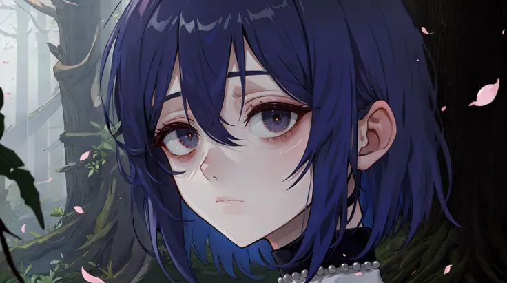 masterpiece, (absurdres:1.1), best quality, extremely delicate, (beautiful face:1.1), elegant, (great composition), <lora:conceptBagsUnderEyes_v10:1>, bags under eyes, (forest:1.2),  <lora:epiNoiseoffset_v2:1.2>, (dark:1.2), depressed, expressionless, white skin, blue hair, (empty eyes:1.2), bob cut, short hair, looking down, gradient hair, [,:, pink hair:0.3], pale skin, black dress, (from behind:1.3), (portrait:1.1), looking at viewer, looking back, head tilt, (realistic:1.1), small breasts, close-up, turtleneck dress, black choker, see-through sleeves, shoulder, long eyelashes, thick eyelashes, glossy skin, (upper body:1.1), (hair between eyes:1.1), messy hair