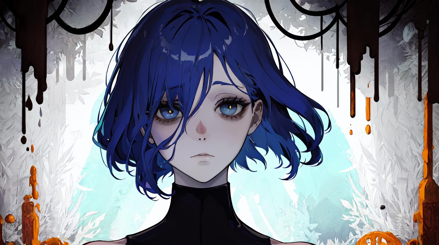 Anime girl with blue hair and blue eyes in a dark room - SeaArt AI