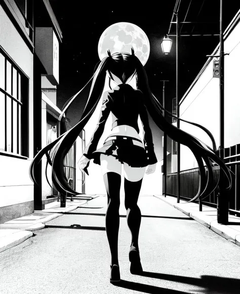masterpiece, best quality, solo, styhuke, black rock shooter, 1girl, solo, Nana Gray, long hair, twintails, street, moon, walking down a street, solo focus, monochrome, from behind, short dress, miniskirt, thighhighs, (midriff:1.1), wide shot, black hair, (black rock shooter \(character\):1.2), low twintails, very long hair,