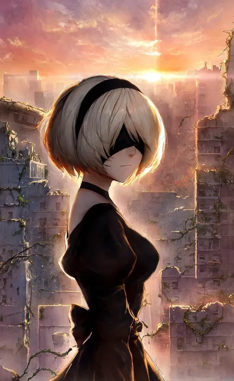 masterpiece, best quality, (yorha no. 2 type b:1.1), covered eyes, (backlighting:1.4), (portrait:1.1), (upper body:1.1), medium breasts, expressionless, 1girl, solo, (ruffling hair, messy hair:1.1), shiny hair, eyepatch, mature female, head tilt, absurdres, (hairband:1.1), bright, light particles, light rays, sunbeam, floating hair, black dress, (vines:1.1), grass, vegetation, building, destruction, flower, (ruins:1.3), (city, building, dystopia:1.1), high contrast, (light particles:1.2), debris, dust cloud, from side, looking at viewer, night, dark, looking up, best quality, 4k, award winning, masterwork, complimentary colors, overlooking a city in ruins, desolation, on a crumbling balcony, clouds, sunset, (sketch:1.2), (headband:1.1), (high contrast:1.1), watercolor \(medium\), oil painting \(medium\), sunrise, orange sky, sunset, dark, balcony, balcony, cityscape, lens flare,