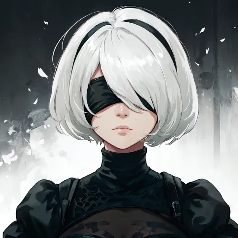 masterpiece, best quality, solo, (yorha no. 2 type b:1.14), (covered eyes:1.05), (portrait:1.1), (upper body:1.1), medium breasts, expressionless, 1girl, solo, (ruffling hair, messy hair:1.1), white hair, shiny hair <lora:oldstyle-000002:1>