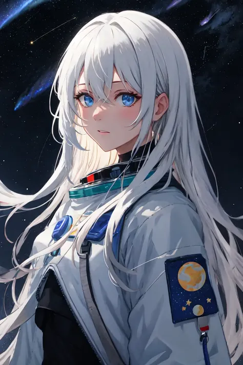 masterpiece, best quality, (galaxy:1.000), (night sky:1.000), (shooting star:1.000), (space:1.000), (star \(sky\):1.000), (starry sky:1.000), (starry sky print:1.000), (constellation:1.000), (milky way:1.000), (night:0.999), (sky:0.998), (earth \(planet\):0.996), (planet:0.994), (light particles:0.992), (solo:0.992), (aurora:0.987), (starry background:0.955), (astronaut:0.886), (close-up:0.883), (looking at viewer:0.799), (snowing:0.790), (white hair:0.720), (blue eyes:0.674), (bangs:0.669), (1girl:0.667), (face:0.656), (halftone:0.646), (hair between eyes:0.642), (star \(symbol\):0.623), (eyelashes:0.620), (fireworks:0.605), (moon:0.597), (long hair:0.573), (halftone background:0.547), (crescent moon:0.531), (expressionless:0.471), (space helmet:0.462), (heart:0.379), (floating hair:0.374), (full moon:0.368), dark, <lora:epiNoiseoffset_v2:1>