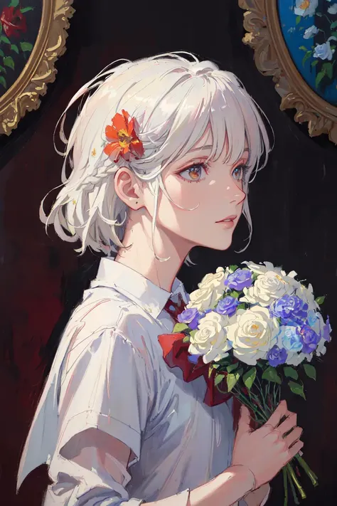 1girl,((best quality,masterpiece)),(sketch,oil painting:1.3),(ultra detailed,photoreal,realistic:1.2),1girl,white hair,profile,(many flowers:1.4),her hair from flowers,(hair of flower:1.3),pink white rose ,bouquet,school uniform,<hypernet:Matcha:0.6>