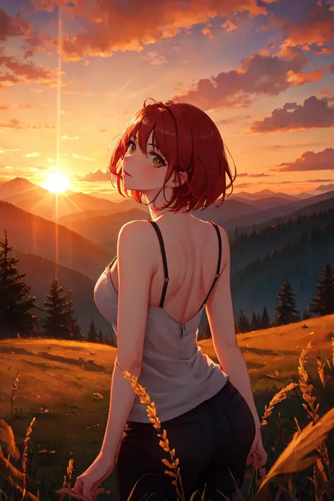 masterpiece, best quality, (backlighting:1.1), head tilt, hill, grass, mountain, mountainous horizon, sunset, red theme, orange theme, short hair,