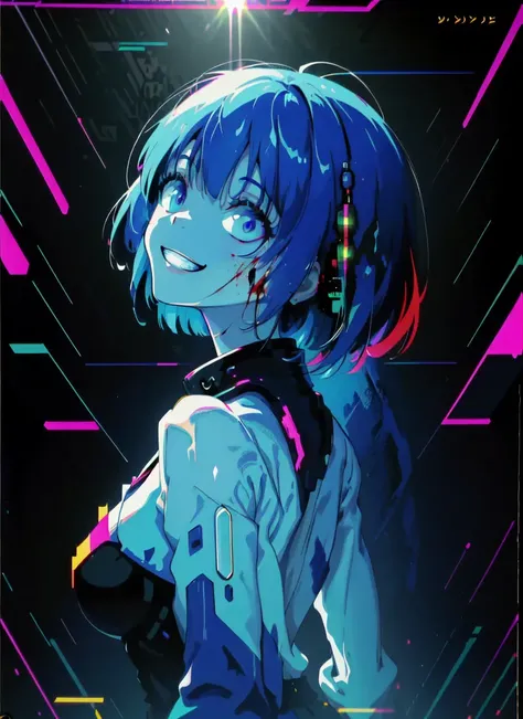 1girl, masterpiece, illustration, cowboy shot, (chromatic aberration:1.6), psychedelic, triadic color, (glitch:1.3), 1990s, 1980s, 2000s, <lora:colorfull style:0.4>, (head tilt:1.1), expressionless, (multicolored hair:1.1), futuristic, cyberpunk, neon lights, urban, dystopian, post-apocalyptic, augmented reality, virtual reality, holographic, (glitch art:1.2), retro-futuristic, vaporwave, (synthwave:1.05), outrun, (pixel art:1.3), digital, glitchy music, lo-fi, (glitch hop:1.5), (glitchwave:1.2), chiptune, glitchcore, surreal, (dreamlike:1.1), fantastical, magical realism, whimsical, dark, eerie, ominous, mysterious, enigmatic, haunting, otherworldly, supernatural, paranormal, occult, esoteric, mystical, spiritual, portrait, <lora:doubleexposure_Lora300:0.7> <lora:epiNoiseoffset_v2:1>, mature female, large breasts, (001glitch-core:1.1), constricted pupils, (evil smile:1.3), (yandere:1.1), (evil grin:1.2), <lora:crazyExpressions_:0.7>, (80's anime:1.1), 1980s \(style\), (floating hair:1.2), crt, film grain, cyberspace, neon, (glitch:1.2), vaporwave, cyberpunk, retrofuturistic, surrealism, (pixelated:0.9), dreamlike, outrun, holographic, kaleidoscopic, glitchcore, cyberdelic, dreamwave, outrunwave, vapor, digital, cybergrunge, acid, (trippy:1.1), (glitched:1.1), (cyberglitch:1.2), short hair, shaded face, shiny hair, neon trim, depth of field, long eyelashes, thick eyelashes, (backlighting:1.4), blood splatter, (blood on face:1.1), blue skin, blue theme, blue hair, (from side:1.2), (jpeg artifacts:1.2), rough sketch, lineart, (scan artifacts:1.6), matrix, motion blur,
