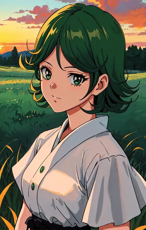 masterpiece, best quality,
 <lora:esthetic90sStyle_90sv16R:0.4>, 1990s \(style)\, 1girl, solo, portrait, outdoors, sunset, grass, (tatsumaki:1.1),