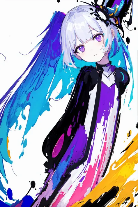(extremely bright:1.1), white background, [1girl::7], (head tilt:1.2), ([sketch|watercolor \(medium\)]:1.15), (inkblot:1.1), (pale:1.2), chaotic abstract background, vector trace, gradient blending, vibrant colors, superb, extremely detailed, intricate, (extremely low contrast:1.4), purple theme, (glitch:1.1),