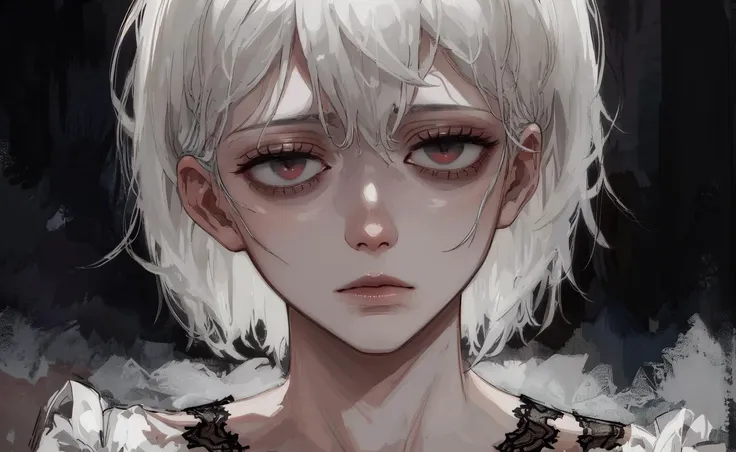 masterpiece, (absurdres:1.1), best quality, extremely delicate, (beautiful face:1.1), elegant, (great composition), <lora:conceptBagsUnderEyes_v10:1>, bags under eyes,  <lora:epiNoiseoffset_v2:1.2>, (dark:1.3), depressed, expressionless, white skin, white hair, (empty eyes:1.2), bob cut, short hair, (realistic:1.1),