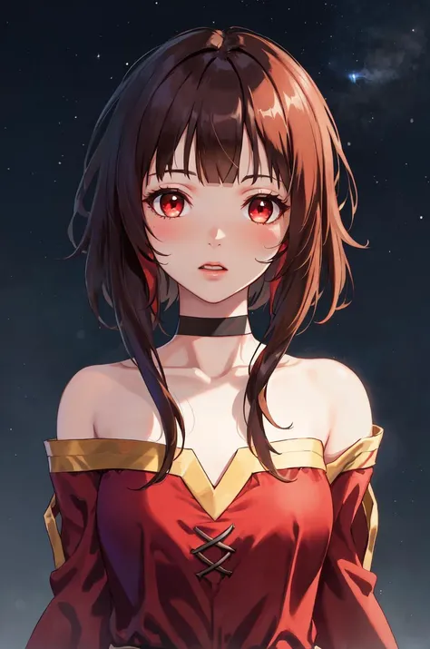 masterpiece, absurdres, best quality, (megumin:1.07), brown hair, (short hair:1.1), 1girl, (messy hair:1.1), floating hair, (sidelocks:1.1), choker, blunt bangs, realistic, (detached sleeves:1.1), (bare shoulders:1.1), solo, portrait, (glowing eyes:1.07), red eyes, smooth, red dress, ruffling hair, looking at viewer, collarbone, shiny hair, shiny skin, blush, medium breasts, night, night sky, dark,