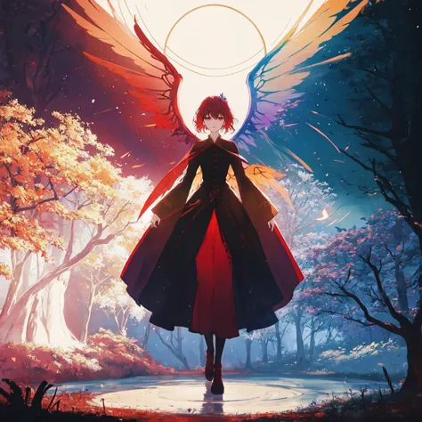 -Prompt by Eface#8250- An ethereal figure stands amidst a backdrop of fiery reds and deep purples, with a single tree standing tall in the center of the painting. The figure appears to be made of light, with delicate wings spread wide and a gentle gaze fixed on the tree. The leaves of the tree glow with a soft inner light, casting a warm glow across the entire scene. There is a sense of movement and change in the air, as if something momentous is about to occur. The colors and textures of the painting come together to create a dreamlike atmosphere, full of mystery and wonder.
<lora:add_detail:-0.5>, lineart
