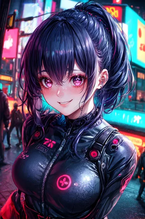 1girl,Creative hair,Rainbow Hair,City streets,fisheye,neon cold lighting, cyberpunk, blush, Waist Shot,Detailed face details,dynamic pose, rim lights, <lora:add_detail:1.2>,