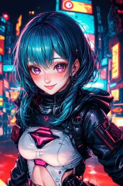 1girl,Creative hair,Rainbow Hair,City streets,fisheye,neon cold lighting, cyberpunk, blush, Waist Shot,Detailed face details,dynamic pose, rim lights, <lora:add_detail:1.2>,