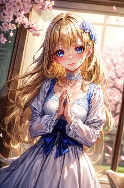 1girl, bangs, blonde hair, blue dress, blue eyes, blurry, blurry background, blurry foreground, bow, branch, cherry blossoms, collarbone, depth of field, dress, dutch angle, eyebrows visible through hair, flower, indoors, long hair, long sleeves, looking at viewer, own hands together, parted lips, petals, pink flower, rose, solo, very long hair, white dress, white flower, wide sleeves, <lora:add_detail:1.2>,