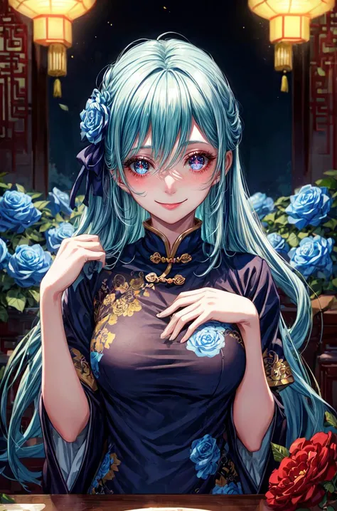 masterpiece, best quality, colorful,Vibrant color pallette, 1girl,wearing traditional Chinese clothing, surrounded by blue roses, with a striking expression, rim lighting effect,blue sky, <lora:add_detail:1.2>,