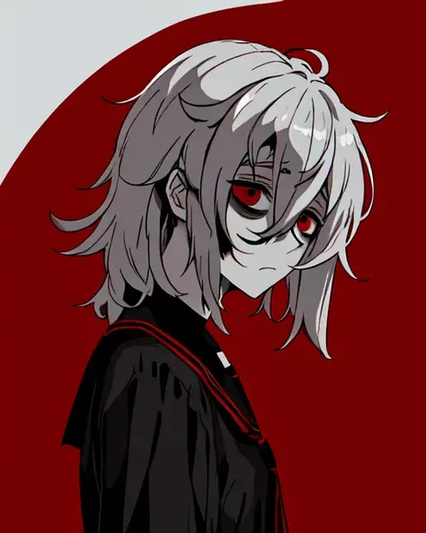 masterpiece, best quality, <lora:yameroyandere:0.6>, yameroyandere, crazy eyes, yandere, red background, red eyes, empty eyes, (exhausted:1.1), <lora:conceptBagsUnderEyes_v10:0.7>, Bags under eyes, partially colored, (messy hair:0.9), expressionless, (looking down:1.3), (shaded face:1.2), shadow over eyes, from side