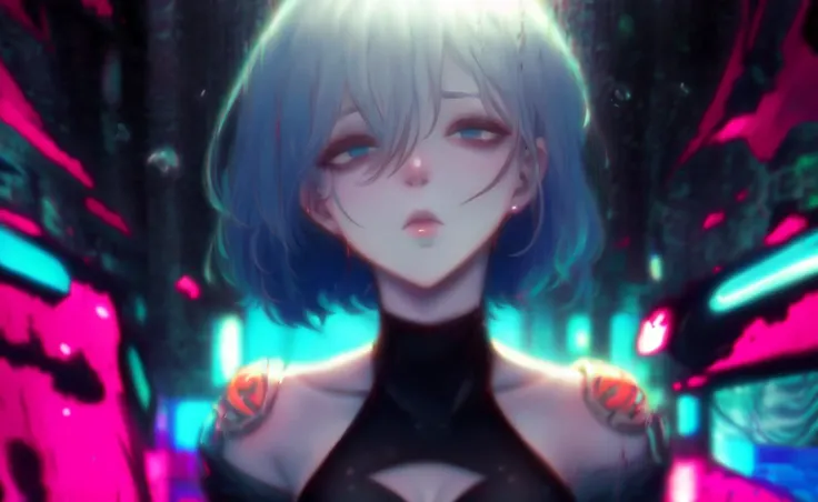 masterpiece, (absurdres:1.1), best quality, extremely delicate, (beautiful face:1.1), elegant, (great composition), <lora:conceptBagsUnderEyes_v10:1>, bags under eyes, (forest:1.2), tree,  <lora:epiNoiseoffset_v2:1.2>, (dark:1.3), depressed, expressionless, white skin, blue hair, (empty eyes:1.2), bob cut, short hair, looking down, gradient hair, [,:, pink hair:0.3], (pale skin:1.07), black dress, (portrait:1.1), head tilt, (realistic:1.15), small breasts, close-up, turtleneck dress, black choker, see-through sleeves, shoulder, long eyelashes, thick eyelashes, glossy skin, (upper body:1.2), (hair between eyes:1.1), messy hair, multicolored hair, alternate hairstyle,  <lora:alex_chow:1.3>, (alex_chow:1.1), (blur, blurry:1.1), (glitch:1.3), (chromatic aberration:1.2), (crt, film grain, scanlines:1.1), lsd, abstract, abstract background,