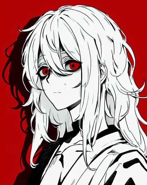 masterpiece, best quality, <lora:yameroyandere:0.6>, yameroyandere, crazy eyes, yandere, red background, red eyes, empty eyes, black and white, greyscale, (exhausted:1.1), <lora:conceptBagsUnderEyes_v10:0.7>, Bags under eyes, partially colored, (messy hair:0.9), expressionless, (looking down:1.3), (shaded face:1.2), shadow over eyes, from side