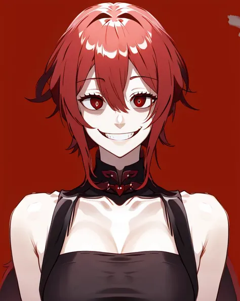 masterpiece, best quality, <lora:yameroyandere:0.6>, yameroyandere, (crazy smile:1.2), crazy eyes, yandere, red background, constricted pupils, red eyes, empty eyes,