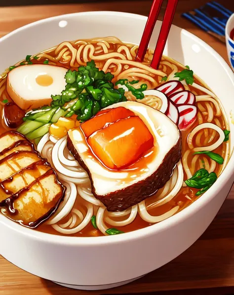 masterpiece, best quality, cup ramen, noodles, wood, food, close-up, food focus,super tasty schmackofatz