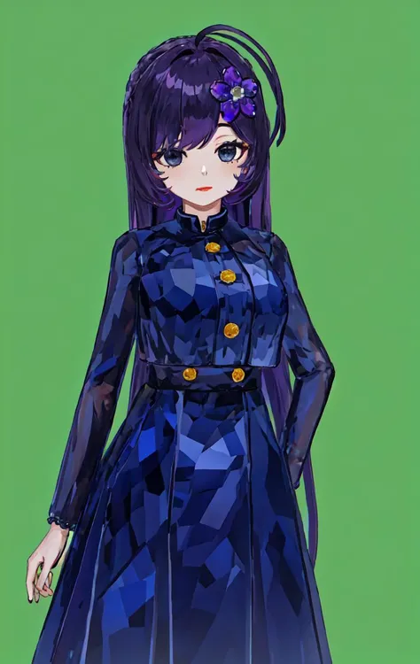 masterpiece, best quality,
hair flower, purple hair, black eyes, blue eyes, lipstick, buttons, [(purple dress:0.9):(dark blue dress:1.2):0.15] sidelocks, long hair, green background, simple background, closed mouth, ahoge, huge ahoge, crystallthings, glass figurine,  <lora:crystallthings:1.2>