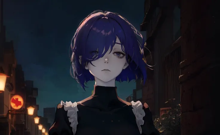 masterpiece, (absurdres:1.1), best quality, extremely delicate, (beautiful face:1.1), elegant, (great composition), <lora:conceptBagsUnderEyes_v10:1>, bags under eyes,  <lora:epiNoiseoffset_v2:1.2>, (dark:1.1), night, shaded face, depressed, expressionless, white skin, [blue hair:(purple hair, colored inner hair:1.1):0.4], (empty eyes:1.2), (bob cut:1.1), short hair, concept art, (messy hair:1.1), (hair between eyes, hair over one eye:1.1), (upper body:1), outdoors, (pale skin:1.1), [:(realistic:1.1), (lineart:1.1), (chromatic aberration:1.05):0.7], turtleneck, black choker, black dress, frilled dress, frilled sleeves, puffy sleeves,