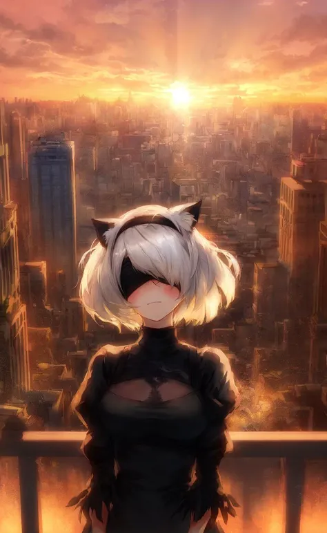 masterpiece, best quality, (yorha no. 2 type b:1.14), (covered eyes:1.05), (backlighting:1.4), (portrait:1.1), (upper body:1.1), medium breasts, expressionless, 1girl, solo, (ruffling hair, messy hair:1.1), white hair, shiny hair, eyepatch, mature female, head tilt, absurdres, (hairband:1.1), bright, light particles, light rays, sunbeam, floating hair, black dress, (vines:1.1), grass, vegetation, building, destruction, flower, (ruins:1.2), (city, building, dystopia:1.1), high contrast, (light particles:1.2), debris, dust cloud, looking at viewer, night, dark, looking up, best quality, 4k, award winning, masterwork, complimentary colors, overlooking a city in ruins, desolation, on a crumbling balcony, clouds, sunset, (sketch:1.2), (headband:1.1), (high contrast:1.1), (watercolor \(medium\):0.5), oil painting \(medium\), sunrise, (orange sky:1.1), sunset, dark, balcony, balcony, cityscape, lens flare, orange theme, cloudy sky, (floating hair:1.2), (shiny skin, shiny hair:1.1), (cat ears:1.1), (blush:1.2), animal ear fluff,