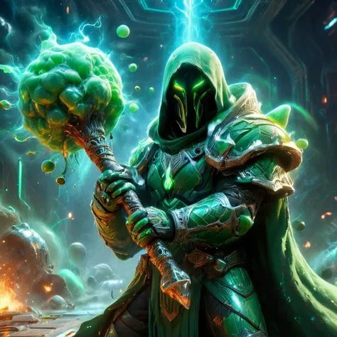 Symbol depicts a skull with a green hood and a glowing green orb above it. The skull is partially translucent and surrounded by tendrils of green energy. Art style is inspired by 8 bit video game design. The skull represents the Necromantic aspect of the team and the green hood and energy symbolize the mystical and magical elements. The symbol should convey a sense of power, mystery and menace, while still maintaining a playful and fun aesthetic.