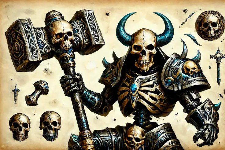 make an 8k image of a (full body humanoid monster with a skin made of black slime), (where his skin is black slime), (make him like the whole body being humanoid and muscular) (with the arms being the biggest part of his body being strong and bulky) (in place of his face a smiling skull), (with spirits around him that make up his body), (with bull legs) (make him advance for a powerful attack)