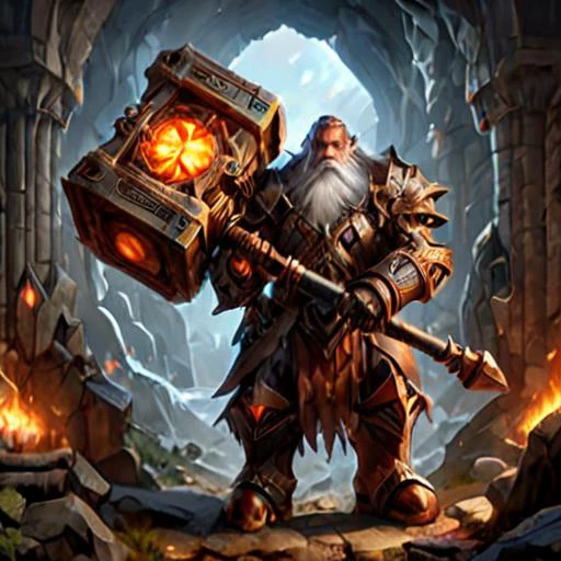 (masterpiece:1.2), (best quality,:1.2), 8k, HDR, ultra detailed, ((photorealistic)), 1 man (RPG-dwarf , helmet, breastplate, wielding a large battlehammer), background (a large cave with steampunk elevator)dramatic lighting, cinematic lighting, low ambient lighting, <lora:XL_Weapon_Battlehammer:1>