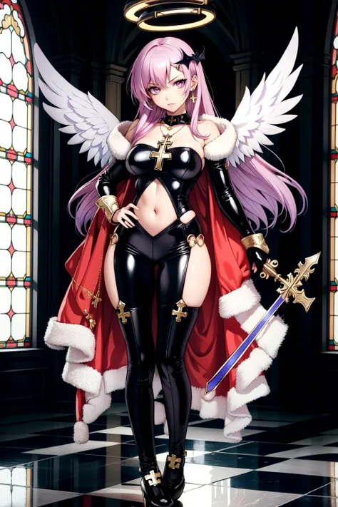 1girl,masterpiece,illustration,full body,disgust,chromatic aberration,hunter,huge weapon,necklace,hair ornament,long hair,vampire hunter,angel,halo,wings,angel wings,feathers,cross,cross necklace,earrings,pink eyes,purple hair,pennant,stained glass,latex bodysuit,hip vent,fur trim,(armor:1.1),(navel cutout:1.2),<lora:EnvyBeautyMix14:1>,