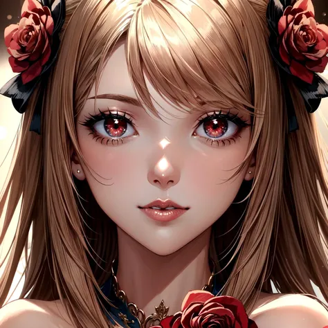 face close up,elegant,Rose Gold lipstick,iridescent trim,Red eyes,