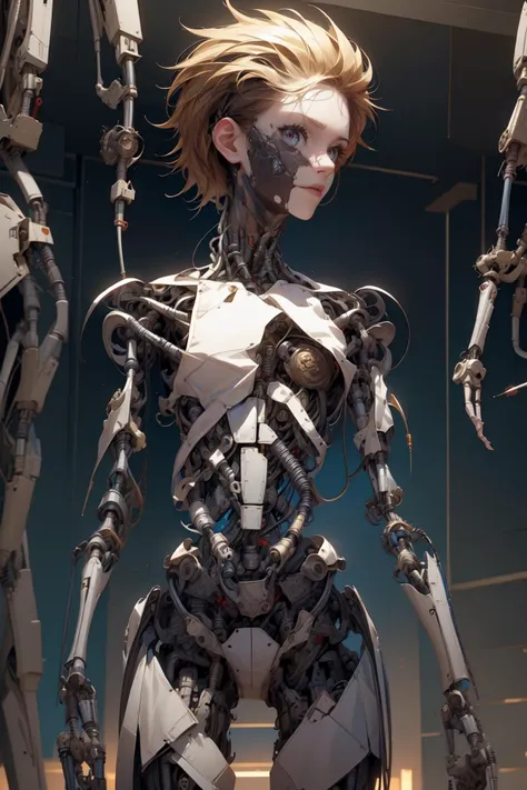 breathtaking full shot, full body, broken, (hacked arm:1.4), facing viewer, (looking at viewer:1.4), dynamic pose,  <lora:reelmech1v2:1> reelmech, (mechanical parts:1.5), missing parts, dirty, leaking oil, (damaged:1.3), <lora:1mechabare:1>  <lora:wrenchsmechs:0.3> wrenchsmechs, glowing blue mecha, damaged_skin face, damaged_skin  eye socket, damaged_skin cheek, damaged_skin pelvis, masterpiece, award-winning, professional, highly detailed