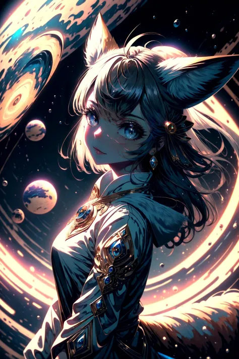 (masterpiece:1.3),(best quality:1.2),(absurdres:1.1),(detailed:1.4),(1girl),(slender),(fox girl:1.1),(fox ears:1.1),(fox tail:1.1),(mole:0.95),(face),(looking at viewer),(hair ribbon),planet,earth \(planet\),planet background,space background,milky way,bugattiai,<lora:BugattiAI:1>,<lora:beautifulDetailedEyes_v10:1>,