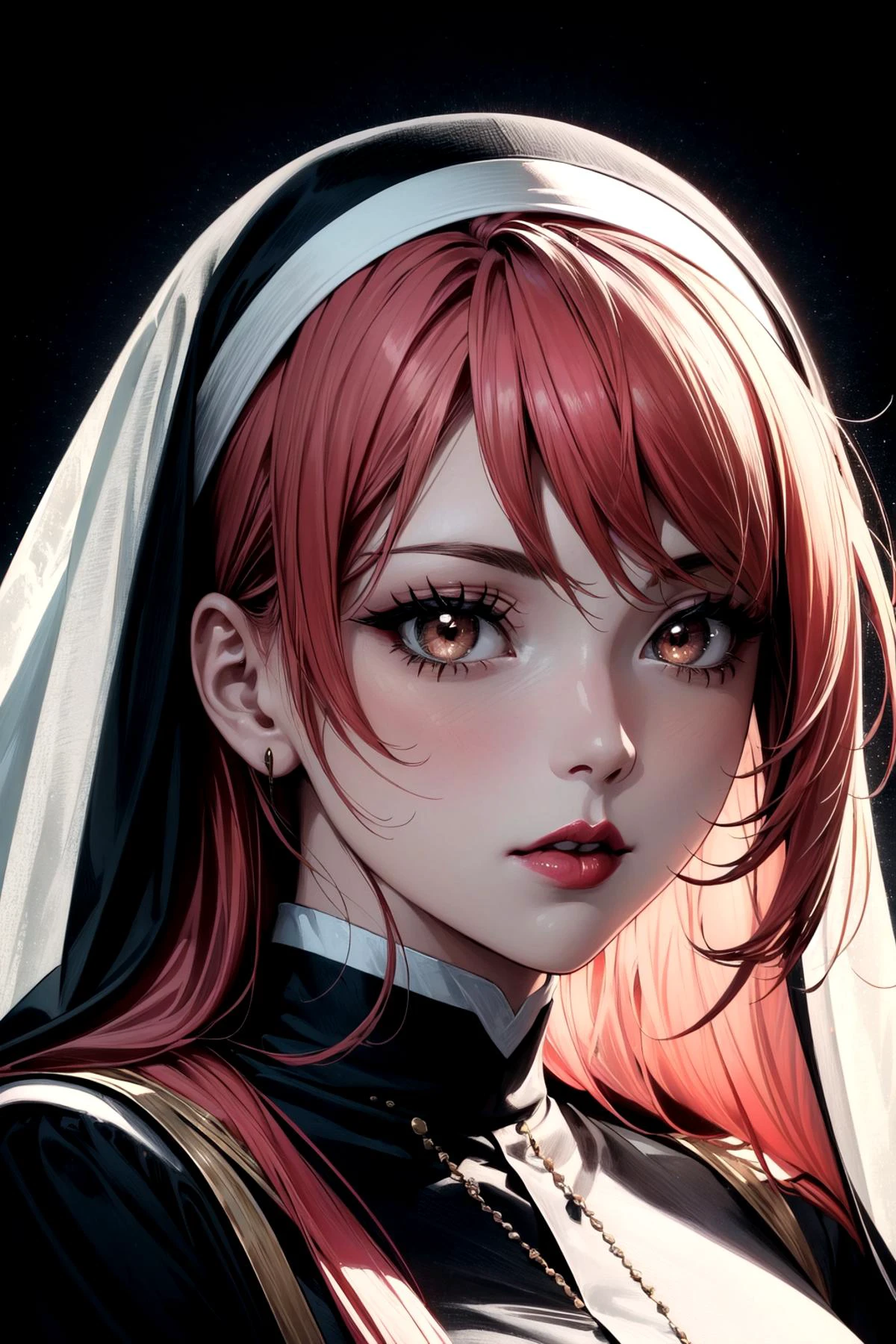 ethereal fantasy concept art of Gothic style Film noir style beautiful young woman,nun,face close up,monroe,Vibrant Pink lipstick,iridescent trim,Brown eyes, . Monochrome . Dark . magnificent