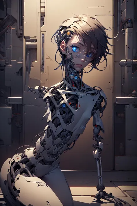 breathtaking full shot:, full body, broken down, (hacked arm:1.4), facing viewer, (looking at viewer:1.4), dynamic pose,  <lora:reelmech1v2:1> reelmech, (mechanical parts:1.5), missing parts, dirty, stained, leaking oil, (damaged:1.3), <lora:1mechabare:1>, damaged_skin face, damaged_skin  eye socket, damaged_skin cheek, falling apart <lora:cyborgbot:0.3> robot <lora:Sci-fi gun-v1.1:0.7> Sci-fi gun, masterpiece, award-winning, professional, highly detailed